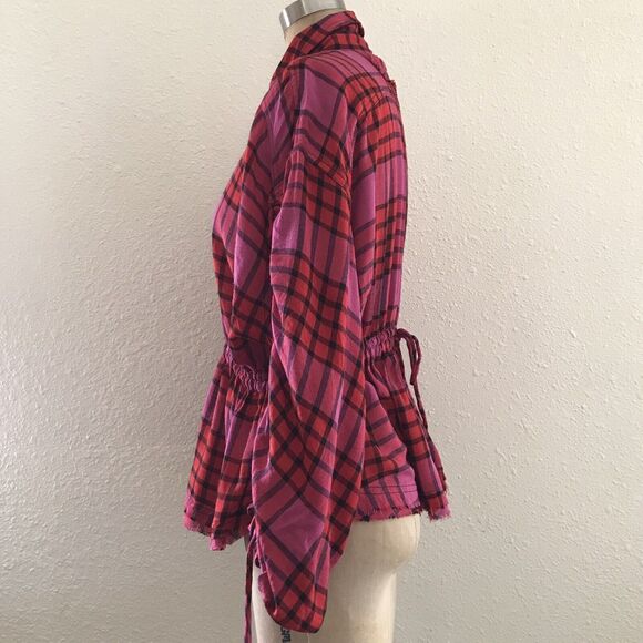 We The Free People Pink Plaid Frayed Cropped Long Sleeve Top Shirt - XS - Picture 3 of 9